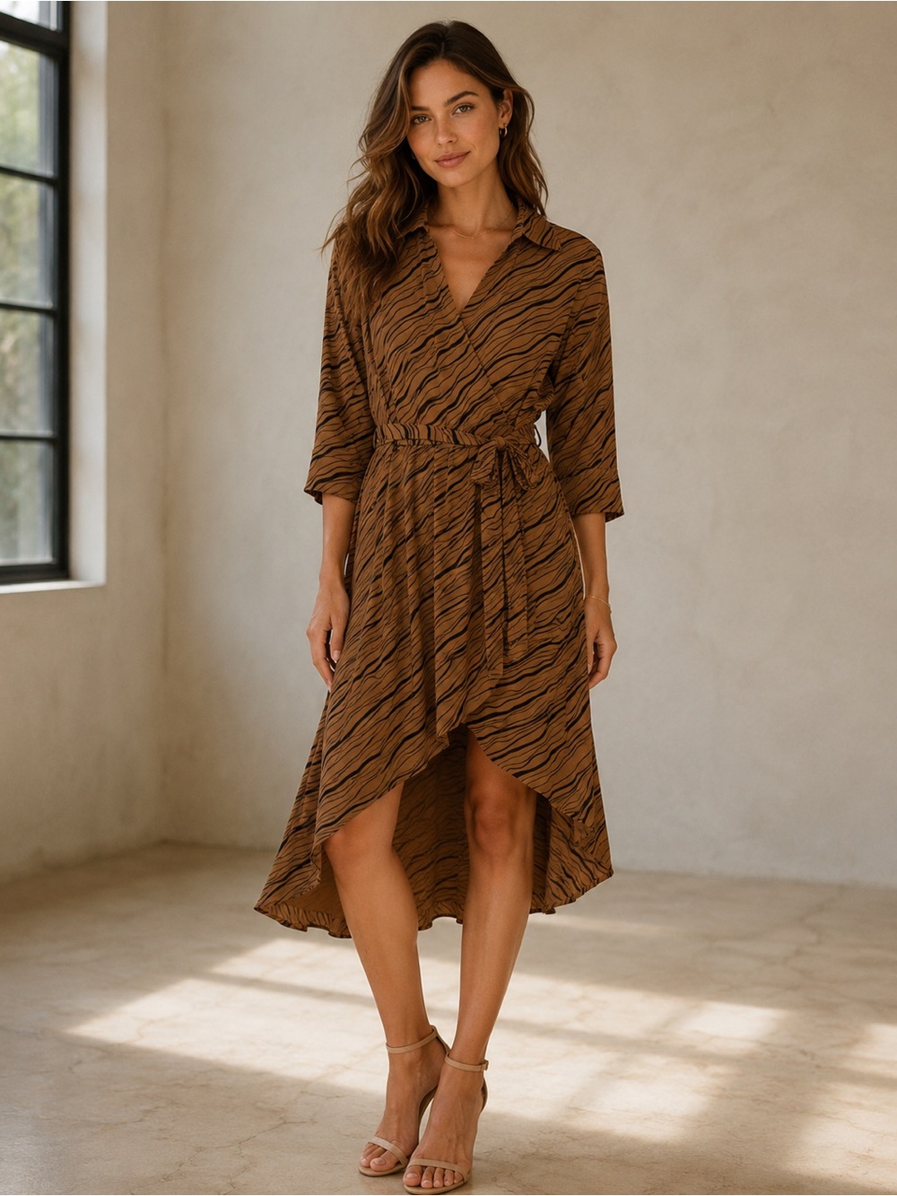 Pure Collection Brown Striped High-Low Wrap Dress